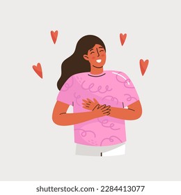 Woman feeling self love, bliss, harmony, positive emotion. Happy calm peaceful girl volunteer. Care, humanity, selfhelp and peace concept. Colored flat vector illustration