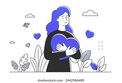 Woman feeling self love simple. Young girl hug blue herat. Positive feeings and emotions. Mental health and psychlogy. Doodle flat vector illustration isolated on white background