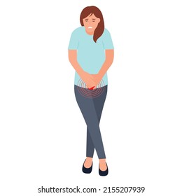Woman feeling severe pain in the lower abdomen. Bladder disease. Pain during menstruation, cystitis, urethritis, incontinence or other problems of the urethra. Isolated, vector illustration