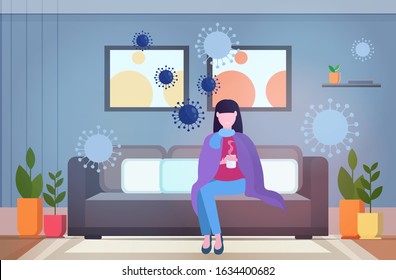 woman feeling sickness epidemic MERS-CoV bacteria floating influenza virus cells wuhan coronavirus quarantine 2019-nCoV pandemic medical health risk living room interior full length horizontal vector