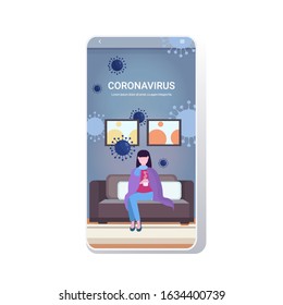 woman feeling sickness epidemic MERS-CoV bacteria floating influenza virus cells wuhan coronavirus quarantine 2019-nCoV pandemic medical health risk living room interior full length mobile app vector