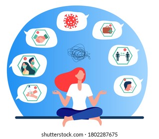 Woman feeling stress about coronavirus pandemic. Meditation, tangled rope in mind, ban infographics flat vector illustration. Epidemic, virus concept for banner, website design or landing web page