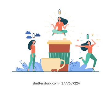 Woman feeling stress and getting energy from coffee. Caffeine addicted person charging battery. Vector illustration for energetic drink, energizer, morning, coffee shop concept