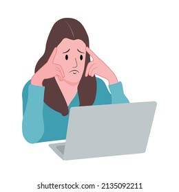 Woman is feeling stress with a job. Female headache while working with laptop computer.