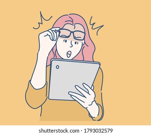 Woman feeling surprise when using the tablet with having bad news. Hand drawn in thin line style, vector illustrations.