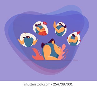 Woman feeling various emotions flat vector illustration. Cartoon lady expressing mood changes from strong love to suffering because of stress. Mental disorder and psychology concept