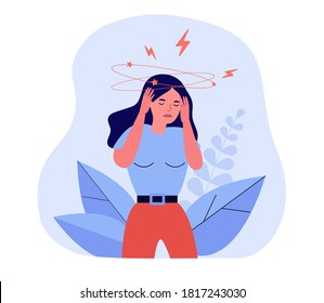 Woman feeling vertigo or dizzy. Sick or drunk confused lady suffering from head ache. Vector illustration for headache, stress, illness symptom concept