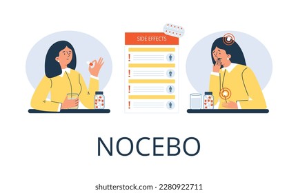 Woman feels discomfort after taking pills, nocebo effect flat style, vector illustration isolated on white background. Side effects, anxiety and restlessness, healthcare and medicine