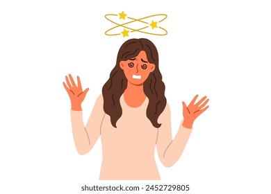 Woman feels dizzy caused by hangover or intracranial pressure, stands with stars above head. Problem of dizzy or dizziness in girl experiencing problems with well-being and health.