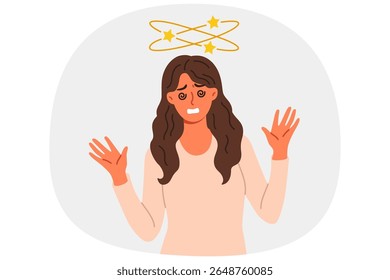 A mulher sente tontura causada por ressaca ou pressão intracraniana, de pé com as estrelas acima da cabeça. Problema de tontura ou tontura em menina com problemas de bem-estar e saúde.