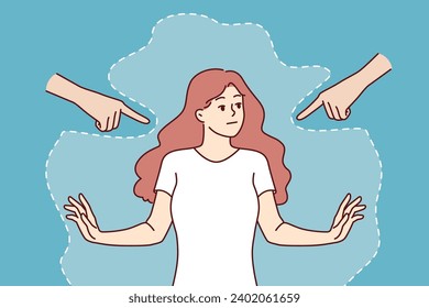 Woman feels embarrassed due to intrusion of pointing hands into personal boundaries, experiencing social pressure. Girl suffers from embarrassment because of people violate personal boundaries