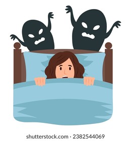 Woman  feels fear, anxiety and confusion in bed. Scary monsters, nightmares..Vector illustration isolated on white background