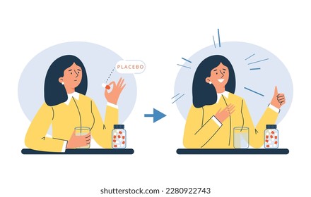 Woman feels good after taking placebo pill, flat vector illustration isolated on white background. Concept of placebo effect. Happy character feel pain relief after placebo drug.