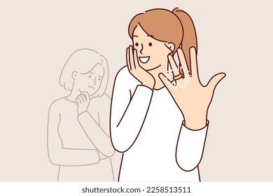 Woman feels happiness and delight showing wedding ring on finger after marriage proposal from boyfriend. upset girl becomes cheerful learning about imminent wedding and receiving ring from beloved man