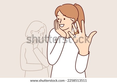 Woman feels happiness and delight showing wedding ring on finger after marriage proposal from boyfriend. upset girl becomes cheerful learning about imminent wedding and receiving ring from beloved man