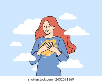 Woman feels harmony and happiness thanks to purity of soul and standing among clouds floating in sky. Concept of internal harmony helps to get rid of bad emotions that cause stress and depression