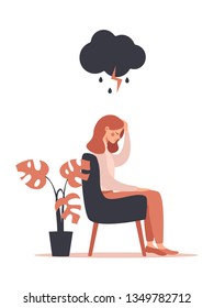 woman feels headache and depression sitting under rainy and stormy cloud. Vector illustration isolated from white background