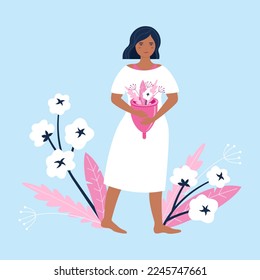 Woman feels herself with comfort with menstruation cup  in white dress. Menstrual women and hygienic menstrual cup, cotton flowers. First menstruation, menstrual accessory. Flat vector illustration