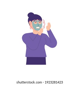 woman feels if his face was burning or overheating as a result of using a facial treatment mask. experiencing allergies. the expression on the face of a person in pain. flat style. vector design