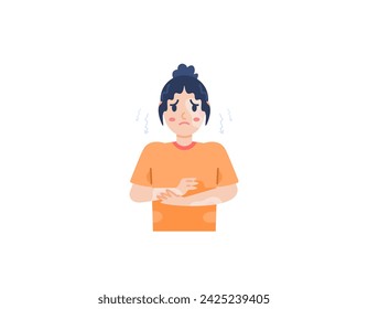 Una mujer se siente insegura porque su piel tiene marcas de quemaduras. falta de confianza y timidez. sensación de inquietud y ansiedad. problemas en la piel. diseño de ilustración de personajes. elementos gráficos. Vector