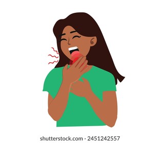 woman feels pain and discomfort in his throat, vector illustration 