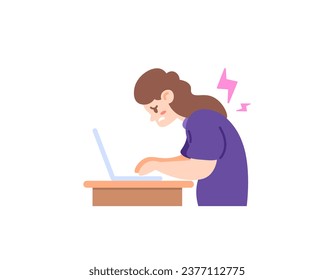 A woman feels pain in her back or shoulders due to overwork. Back pain from bending for too long. employees or workers. The back muscles are stiff. problems of the body and health. flat or cartoon