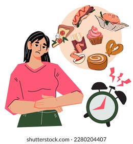 La mujer siente dolor en el estómago y malestar por el hambre, dibujo plano ilustrativo vectorial sobre un fondo blanco. Comer irregular y debilidad de hambre.