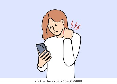 Woman feels pain in neck when using mobile phone, and needs to give up gadgets to cure disease. Neck pain appeared due to digital addiction or poor posture in girl holding smartphone in hand