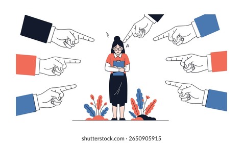 Woman feels pressure surrounded by accusatory fingers pointing blame and judgment
