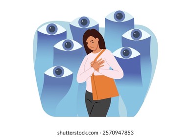 Woman feels surveillance of society, stands near giant eyes that violate personal space. Public control and surveillance causes depression and pressure, which negatively affects psychological state