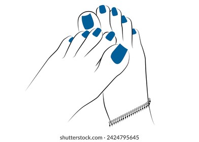 Woman feet with anklet and Blue nails line drawing isolated on white background - vector illustration