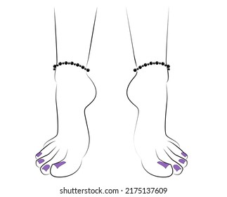 Woman feet with anklets and purple nail polish isolated on white background - vector illustration