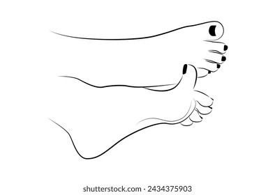 Woman feet with black nails line drawing isolated on white background - vector illustration