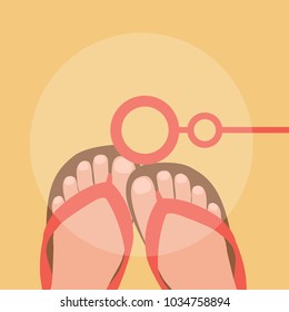 woman feet or foot isolated in holiday & vacation. flip-flops in summer party Vector illustration flat design cartoon. enjoy, relaxed background card & blower soap bubbles wand. play a game in beach