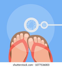 woman feet or foot isolated in holiday & vacation. flip-flops in summer party Vector illustration flat design cartoon. enjoy, relaxed background card & blower soap bubbles wand. play a game in beach