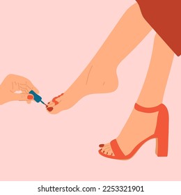 Woman feet with pedicure nails. Abstract female feet with bright nails, hand drawn leg fingers with pedicure. 