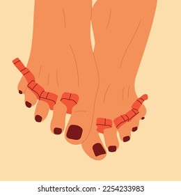 Woman feet with pedicure nails. Abstract female feet with bright nails, hand drawn leg fingers with pedicure.	