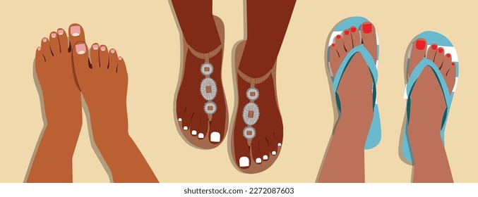 Pies de mujer con uñas de pedicura. Resumen de pies femeninos con uñas brillantes, dedos de piernas dibujadas a mano con pedicura. Conjunto de vectores	