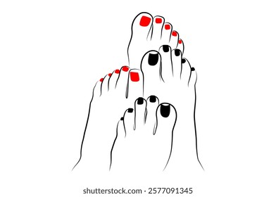 Woman feet with red nails and black nails line drawing isolated on white background - vector illustration