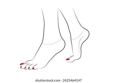 Woman feet with red nails and thin anklets isolated on white background - vector illustration