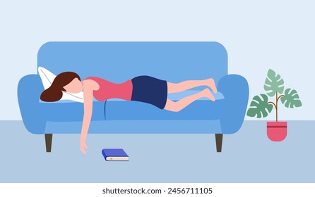 Woman fell asleep on the couch while reading book in flat design.