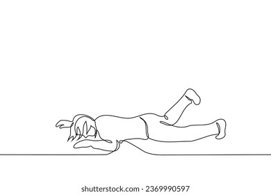 woman fell to the ground or floor with her stomach down - one line art vector. concept of losing your balance, tripping and falling or lying on the floor and having a tantrum