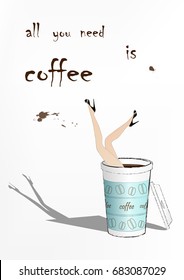 woman fell into the blue paper cup of coffee, fashion vector illustration, vertical