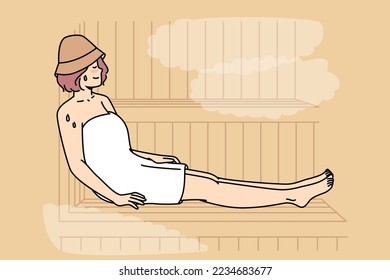 Woman in felt hat wrapped in body towel sits, sweating on bench in sauna. Girl relaxes, enjoys in bathhouse. Lady spends time at spa. Health recovering procedure. Vector outline colorful illustration.