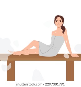 Woman in felt hat wrapped in body towel sits, sweating on bench in sauna. Girl relaxes, enjoys in bathhouse. Lady spends time at spa. Health recovering procedure. Flat vector