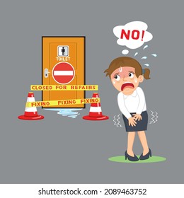 The woman felt a stomach ache in front of the toilet closed for repairs sign, Illustration vector cartoon
