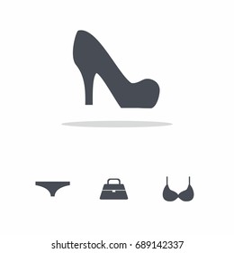 Woman and female Accessories icon vector. Women shoes,  bikini, bag, brassiere