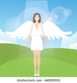 woman female angel with feather wings standing vector cartoon illustration 