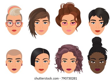 Woman female avatar set vector illustration. Modern multiethic beautiful young girls portrait with different fashion hair style.