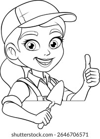 A woman female bricklayer holding a mortar trowel tool builder construction cartoon character mascot.